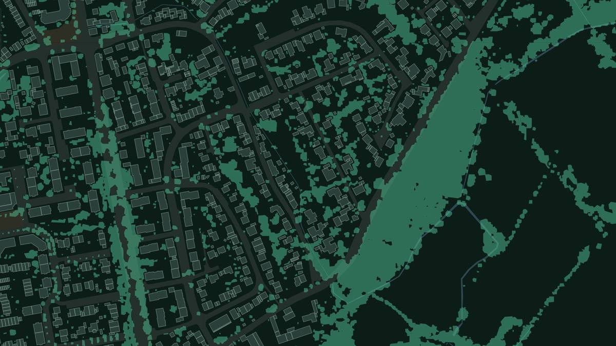 The canopy as an area instead of one circle per tree, calculated from the height model: it reaches into gardens and street edges that a circle leaves out.